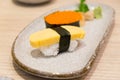 Sushi shrimp eggs and egg sushi tamago sushi Royalty Free Stock Photo