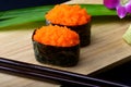 Sushi with shrimp roe or flying fish roe . Royalty Free Stock Photo