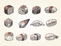 Sushi sketch. Hand drawn authentic asian food from fishes toro kani philadelphia rolls with rice recent vector products Royalty Free Stock Photo