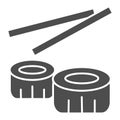 Sushi solid icon. Chinese sushi food illustration isolated on white. Sushi rolls with chopsticks glyph style design Royalty Free Stock Photo