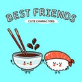 Sushi and soy sauce character. Vector hand drawn cartoon kawaii characters, illustration icon. Funny cartoon happy Sushi