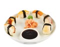 Sushi with soy sauce on a plate