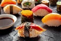 Sushi with soy sauce. Unagi sushi, nigiri with eel, and other sushi and rolls