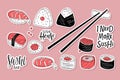 Sushi sticker pack. Handwritten inscription and different sushi types sketch doodle vector. Sign for Card, Label, Poster