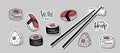 Sushi sticker set. Traditional Japan food isolated. Asian Sushi onigiri and rolls in sketch style. Vector illustration