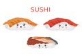 Sushi in the style of kawai, traditional Japanese food. Asian seafood group. Template for sushi restaurant, cafe