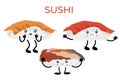 Sushi in the style of kawai, traditional Japanese food. Asian seafood group. Template for sushi restaurant, cafe