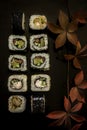 Sushi and sushi rolls, sushi nigiri with caviar on a stone plate Royalty Free Stock Photo