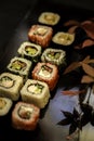 Sushi and sushi rolls, sushi nigiri on stone plate on dark background Royalty Free Stock Photo
