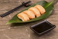 Sushi syake set on green leaf