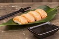 Sushi syake set on green leaf Royalty Free Stock Photo