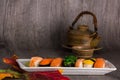 Sushi and tea drinking set Royalty Free Stock Photo