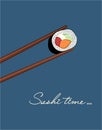 Sushi time. Sushi roll. Color illustration. Sushi roll with salmon, tuna, cucumber, avocado, cheese.