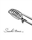 Sushi time. Sushi with shrimp. Black and white illustration.