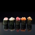 Sushi with toppings on an isolated background