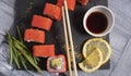 Sushi on torrels, soy, wasabi, ginger and garnish Royalty Free Stock Photo