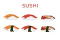 Sushi, traditional Japanese food. Asian seafood group. Template for sushi restaurant, cafe, delivery or your business.