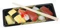 Sushi tray and chopsticks-clipping path Royalty Free Stock Photo