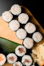 Sushi with tuna and salmon on a long green leaf Royalty Free Stock Photo