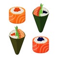 Sushi types - rolls, temaki. Raw fish, caviar, rice and nori