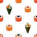 Sushi types - rolls, temaki seamless pattern. Cartoon flat style