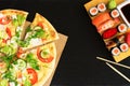 Sushi vs pizza. Business lunch concept