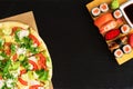 Sushi vs pizza. Business lunch concept