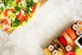 Sushi vs pizza. Business lunch concept