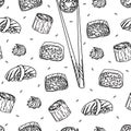 Sushi, wasabi and chopsticks seamless pattern. Contour vector background.