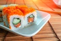 Sushi on white plate close-up, macro. California set with salmon Caviar. Japan restaurant menu Royalty Free Stock Photo