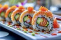 sushi on a white plate, colorful sushi rolls, cucumber, avocado, salmon, close up