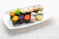 Sushi on white plate, tuna, salmon, sea bass, sweet egg, shrimp sushi Royalty Free Stock Photo