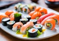 Sushi white plate on wooden table. Royalty Free Stock Photo