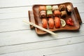 sushi wooden plate chopsticks traditional food restaurant