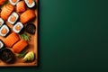 Sushi on a wooden tray with salmon, avocado, and other ingredients, AI