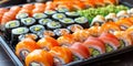 Sushichef, masterfully creating exquisite lands and rolls, combining various types of fish, seafo Royalty Free Stock Photo