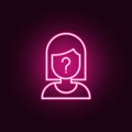 Suspect, woman, question mark neon icon. Elements of Law & Justice set. Simple icon for websites, web design, mobile app, info Royalty Free Stock Photo