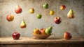 Suspended fruit still life a rustic wooden table display featuring pears and apples. Generative AI Royalty Free Stock Photo