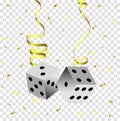 Suspended on a gold serpentine poker dice, flying golden serpentine on a transparent background Royalty Free Stock Photo