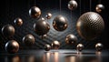 Suspended metallic spheres with textured surfaces and subtle lighting create an elegant and modern abstract composition. Royalty Free Stock Photo