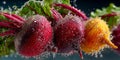 Suspended red beets, golden beets, and fresh beetroot leaves in dynamic motion, vibrant color blocking Royalty Free Stock Photo