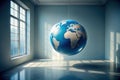A suspended terrestrial globe in a sunlit minimalist room, a visual metaphor for global interconnectedness and environmental Royalty Free Stock Photo