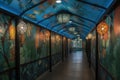 suspended walkway, with murals and lighted lanterns