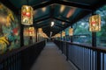 suspended walkway, with murals and lighted lanterns