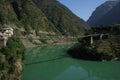 Suspended walkway over deep river Beas India Royalty Free Stock Photo