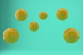 Suspended white balls on a green background. 3D image rendering