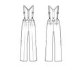 Suspender Pants Dungarees technical fashion illustration with full length, low waist, rise, pocket. Flat apparel garment