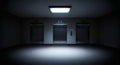 Dark Moody Elevator Lobby with Three Doors and Bright Overhead Light Royalty Free Stock Photo