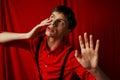 suspenseful man in shirt with suspenders Royalty Free Stock Photo