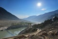 Suspension bridge across the Indus River along the Karakorum Highway Royalty Free Stock Photo